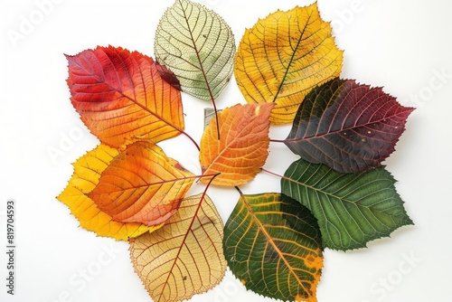 An assortment of autumn leaves with visible textures and veins arranged in a circular pattern on white