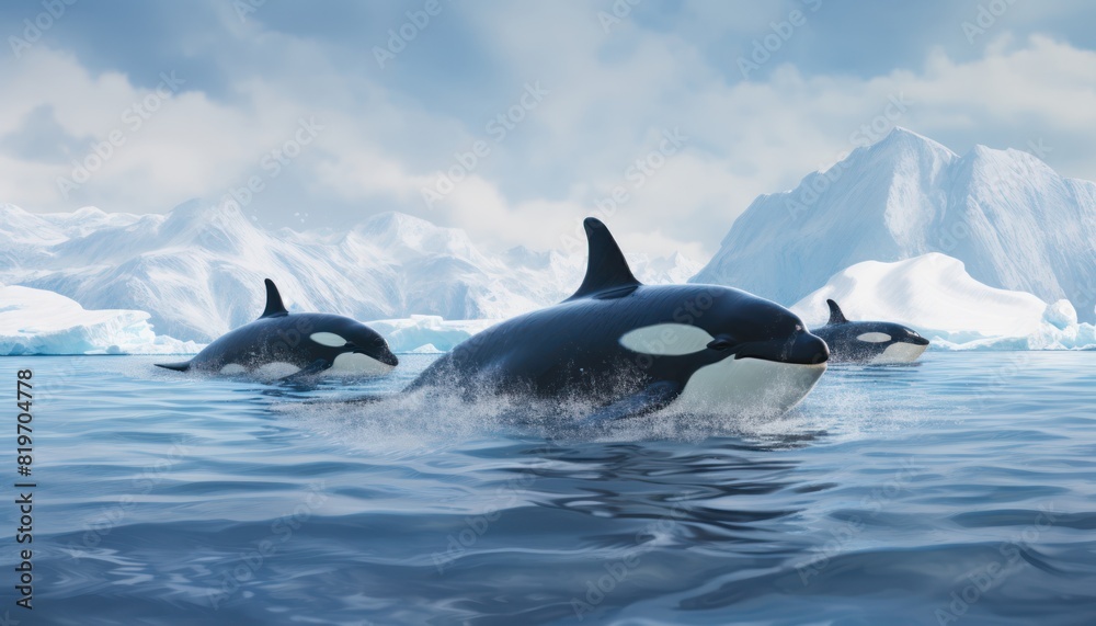 Fototapeta premium Groups of Orcas or killer whales swim and hunt for prey, the top of the food chain in a sea of ​​ice floes
