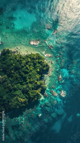 Aerial View of Pristine Tropical Waters - Stunning overhead shot of vibrant blue-green tropical waters meeting lush green foliage. Perfect for travel and nature themes. © jodoto
