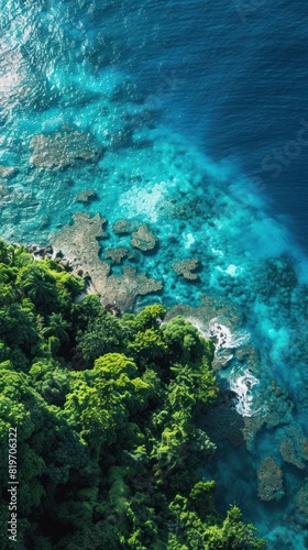 Aerial View of Pristine Tropical Waters - Stunning overhead shot of vibrant blue-green tropical waters meeting lush green foliage. Perfect for travel and nature themes.