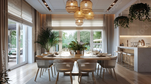 Elegant modern dining area including exquisite lighting and chic furnishings