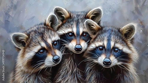 Wonderful A family of raccoons are sitting on a log in front of a pond photo