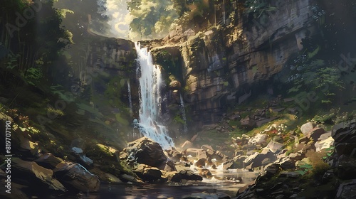 A remote waterfall cascading down a rocky gorge  surrounded by dense forest and rugged terrain.