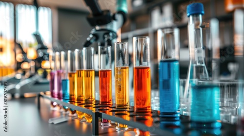 Modern laboratory setting with a colorful row of foreground test tubes and background microscopes, symbolizing scientific research
 photo
