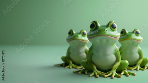 Three adorable green frogs sitting in a row on a soft green pastel background.