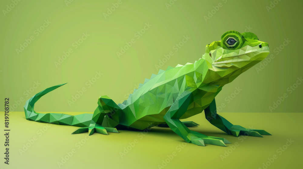 Fototapeta premium Creative and vibrant green origami lizard, perfectly aligned with a monochromatic green background, showcasing the art of paper folding.