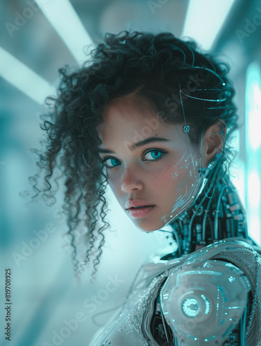 A woman with a robotic body and a blue eye. The image is a futuristic look. The woman is wearing a white outfit and has a robotic head