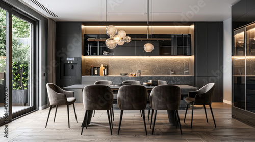 Dining room adjacent to the kitchen  minimalist decoration with dark background colors.