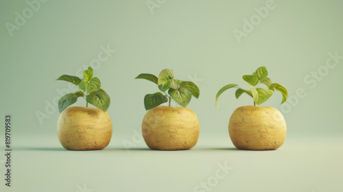 A serene and artistic depiction of three green plants sprouting from cracked wooden spheres on a soft green background.