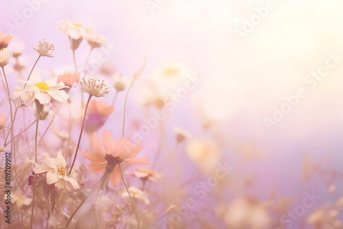 colorful summer flowers with a blurry bokeh background and space for text, summer flower meadow, soft colors