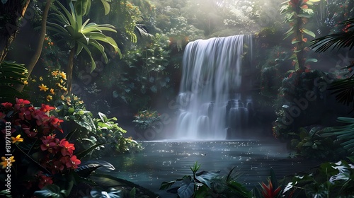 A secluded waterfall hidden deep within a lush tropical jungle  with exotic flowers blooming nearby.