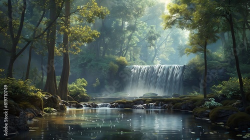 A serene forest scene with a crystal-clear stream flowing into a tranquil waterfall.