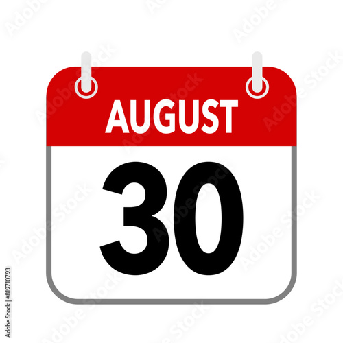 30 August, calendar date icon on white background.