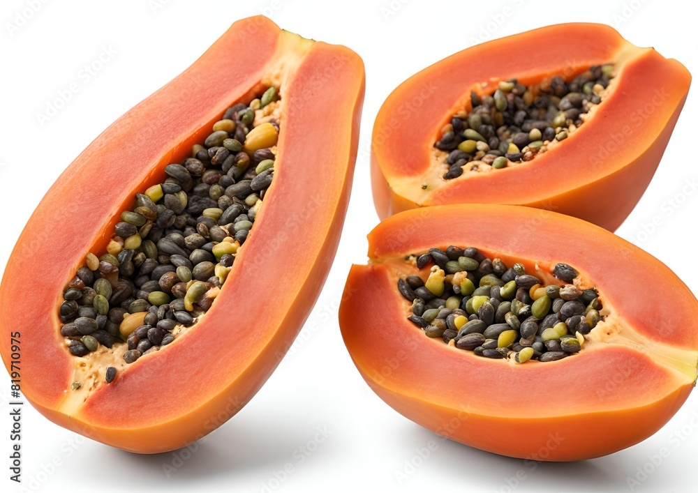 Whole and halved ripe papaya with seeds, isolated on a white background. Whole and halved ripe papaya with seeds, isolated on a white background.