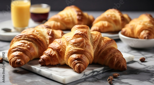 Top view shot of Fresh croissants on a trendy marble table, close up, French breakfast concept 