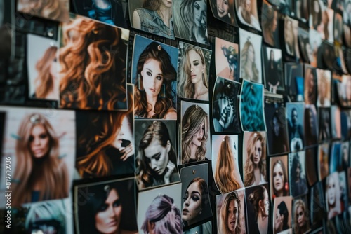 A wall covered in photographs of different hairstyles and colors representing a portfolio of a hairstylist work