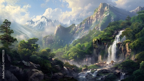 A serene mountain landscape with a pristine waterfall cascading down a rocky slope. © Ansar