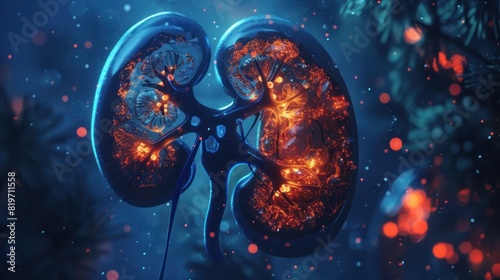 Picture of human kidney Isolated 3D hologram. Medical concept. new technology photo