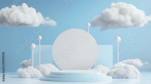 Abstract display podium with cartoon cloud floating on baby blue background, background with white round podium, stage and clouds,White clouds in the blue sky.