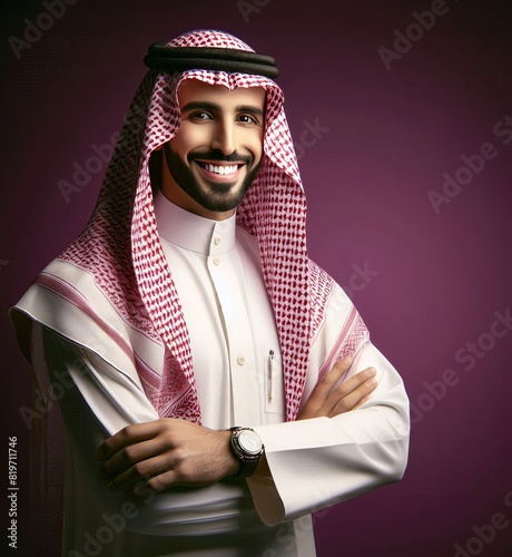 Generated image A saudi character wearing thob standing on purplr background photo