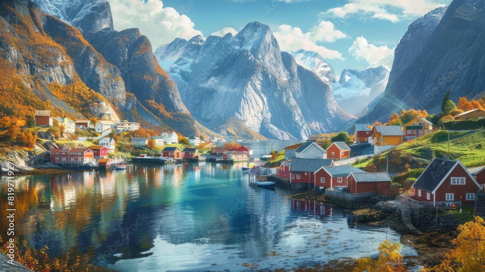 Picturesque Village and Sea View Amid Norwegian Mountains
