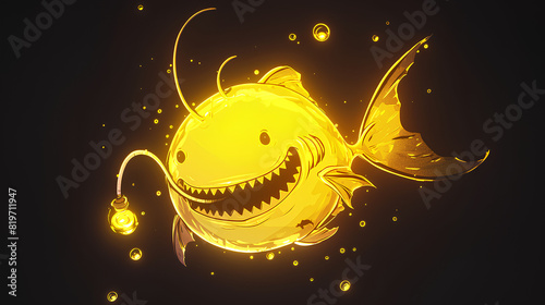 cute kawaii yellow lamp anglerfish on black background