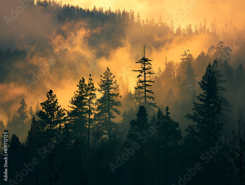 Dramatic Sunrise or Sunset in Pine Forest: Golden-Hued Mist, Ethereal Atmosphere, Tranquil Beauty, Serene Landscape, Majestic Nature, Warm Sunlight Filtering Through Misty Trees, Silhouetted Forest photo