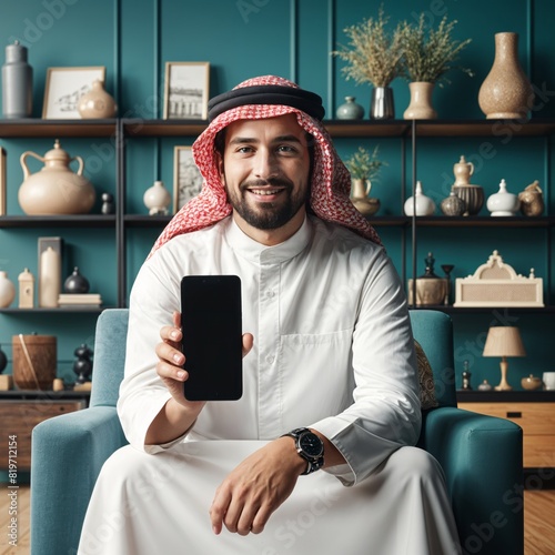 A Saudi character young man holding a phone sitting in the armchair on home