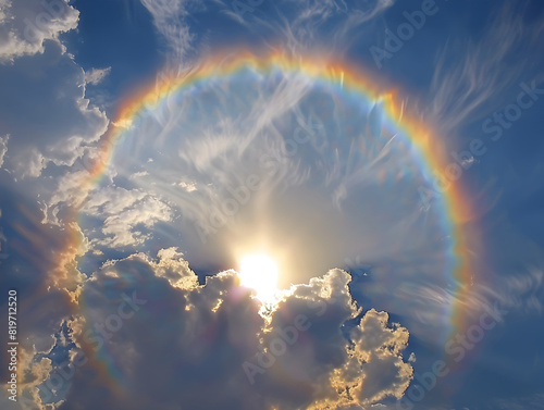 Stunning Solar Halo Phenomenon with Concentric Rainbow Rings: Captivating Atmospheric Light Refraction, Reflection, and Dispersion through Ice Crystals in Cirrus and Cirrostratus Clouds photo