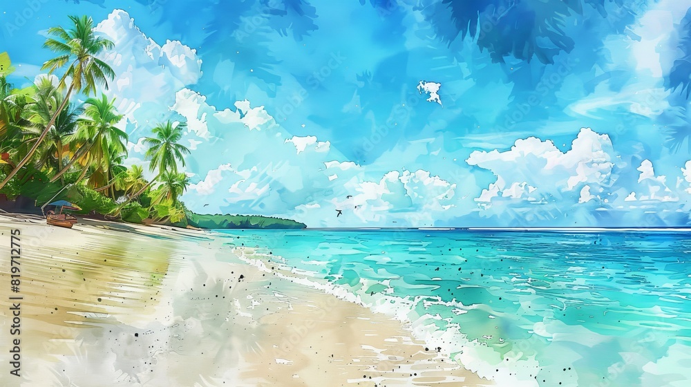 watercolor Amazing watercolor painting of a tropical beach. White sand, palm trees and turquoise water.