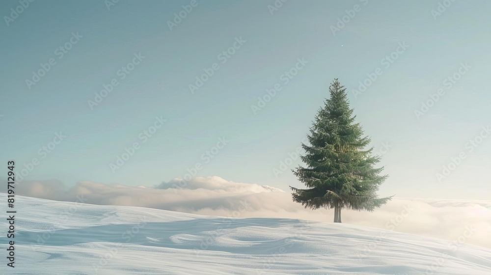 A single evergreen tree standing tall in the snow A single evergreen tree standing tall in the snow