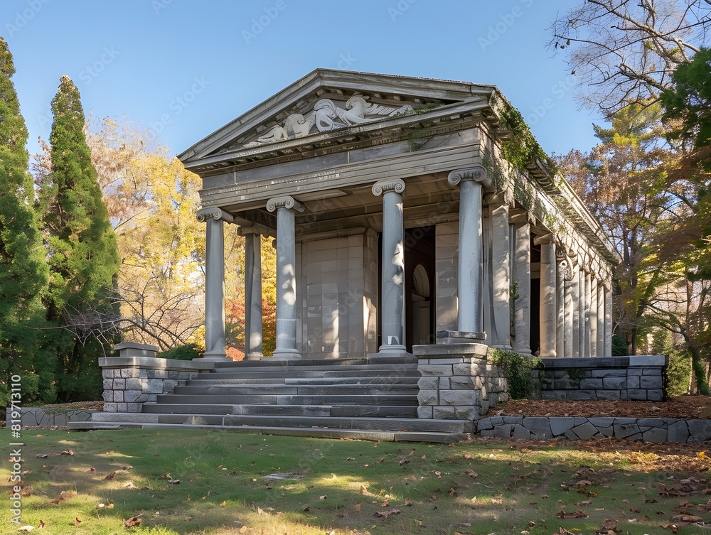 Stately Light Gray Stone Mausoleum with Greek Columns and Sculptural Reliefs Amid Serene Autumn Park Setting with Sunlit Exquisite Ivy-Covered Structure and Grand Staircase Entrances