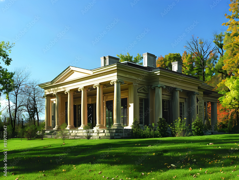 Stately Neoclassical Building with Ornate Columns in Early Autumn Luxurious Timeless Architecture, Lush Manicured Lawn, Vibrant Trees, and Clear Blue Sky Serene Historic Grandeur and Tranquility