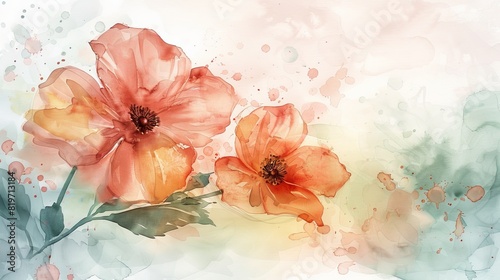 Fototapeta Naklejka Na Ścianę i Meble -  watercolor Delicate watercolor painting of orange hibiscus flowers with green leaves on a white background.