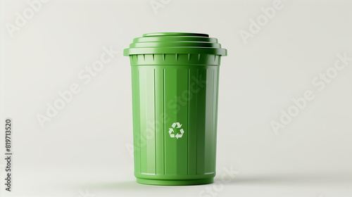 Green rubbish bin on yellow background. A new unbox green large bin isolated on white background. A picture of a large green rubbish bin with wheels.  photo