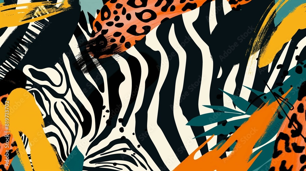 Abstract vibrant pattern with mix of zebra stripes and leopard spots with dynamic brush strokes. Colorful illustration. Print design.	