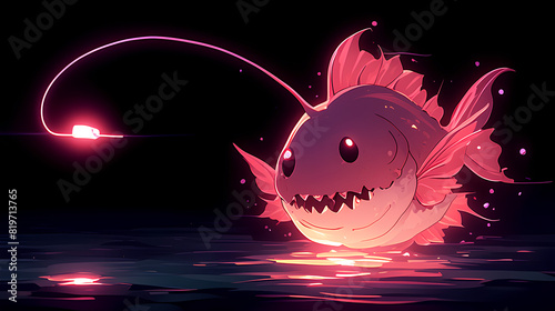 cute kawaii lamp anglerfish on black background