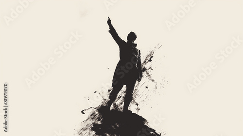 Silhouette of a person pointing upward with an abstract  splattered background  suggesting ambition  determination  and artistic expression.