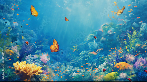 A vibrant underwater scene with colorful coral reefs, tropical fish, and orange butterflies swimming in the clear blue water, creating a surreal aquatic world. photo