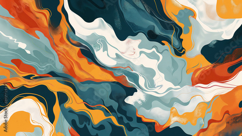 An abstract artwork featuring fluid, swirling patterns in vibrant shades of orange, teal, white, and navy blue, creating a dynamic, flowing composition. photo