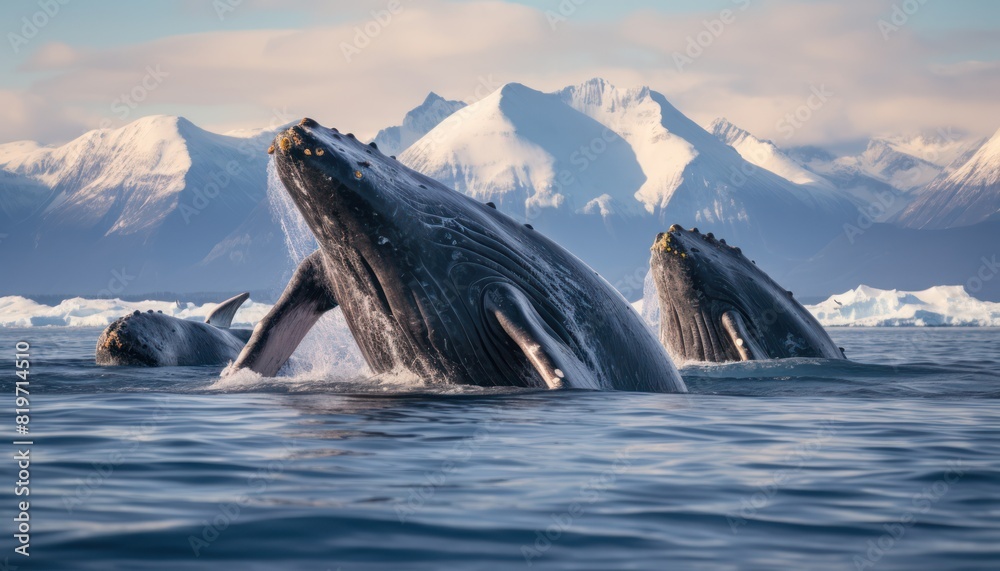 Fototapeta premium Groups of Orcas or killer whales swim and hunt for prey, the top of the food chain in a sea of ​​ice floes