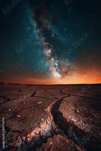 Beautiful night sky with stars over the cracked desert ground