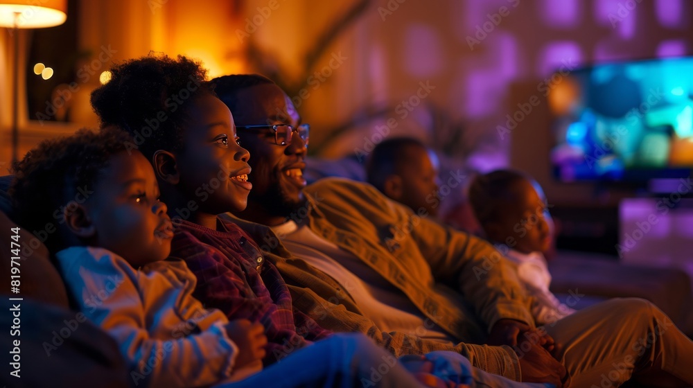 LGBTQ+ Parents Children Watching TV Movies Relaxing at Home on Sofa Couch