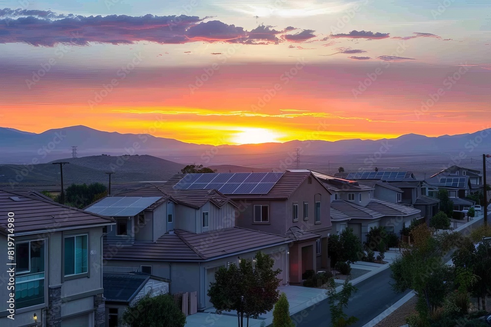 Solar panels installed on a roof, sunset sky - 3D 4k animation. Beautiful simple AI generated image in 4K, unique. Solar panels installed on a roof, sunset sky - 3D 4k animation. Beautiful simple AI generated image in 4K, unique.