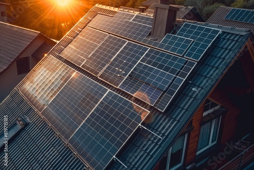 Des panneaux solaires sur le toit d'une maison avec un magnifique lever de soleil en arrière-plan.. Beautiful simple AI generated image in 4K, unique.