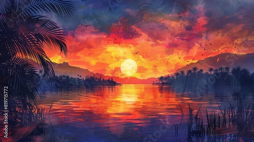 watercolor The setting sun casts a golden glow on the tranquil lake  while the palm trees sway gently in the breeze.