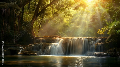 A tranquil waterfall gently flowing through a peaceful forest clearing, with sunlight filtering through the trees. © Ansar