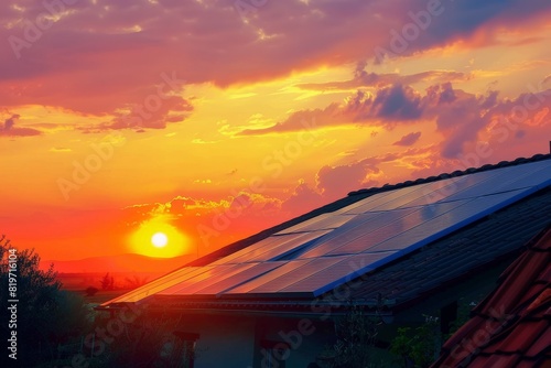 Des panneaux solaires sur le toit d'une maison avec un magnifique lever de soleil en arrière-plan.. Beautiful simple AI generated image in 4K, unique.