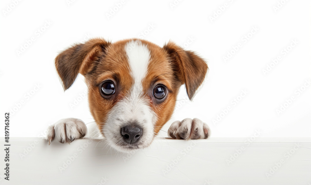 Cute puppy peeking out from behind an obstacle on a white background. This adorable shot shows a little dog curiously peering at the world from behind his shelter Cute puppy peeking out from behind an obstacle on a white background. This adorable shot shows a little dog curiously peering at the world from behind his shelter