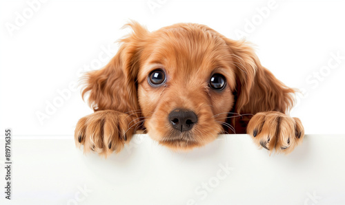 Cute puppy peeking out from behind an obstacle on a white background. This adorable shot shows a little dog curiously peering at the world from behind his shelter © Sawyer0